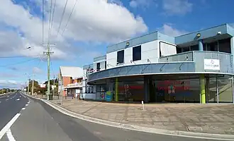 Commercial buildings and St David's Church on the corner of Ecclestone Road, Riverside