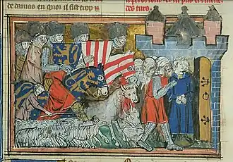 A captive man is taken to the open gate of a fortress; a flock of sheep