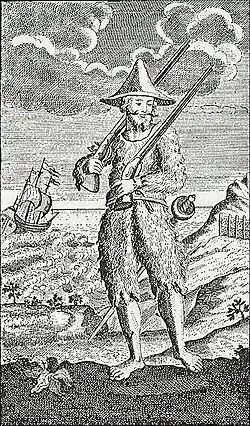 Engraving of Robinson Crusoe standing on the shore of an island, dressed in hair-covered goatskin clothing
