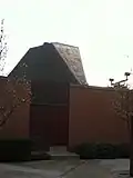 Congregation Rodef Sholom's stained glass window as seen from outside.