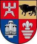 A coat of arms divided into four sections, the top left and bottom right of which are red, the bottom left of which is blue, and the top right of which is golden