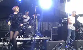 Rolo Tomassi live at Slottsfjell Festival 2011 in Tunsberg, Norway. From left to right: Eva Korman, Edward Dutton and James Spence.