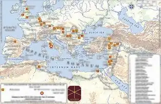 A map of the Mediterranean labeled 'THE ROMAN LEGIONS BY THE END OF SEPTIMIUS SEVERUS' RULE'.