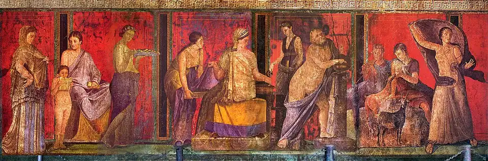 Mysteries Fresco; mid-1st century BC; fresco; height: 1.62 m; Villa of the Mysteries (Pompeii, Italy)[52]