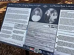 A bilingual historical marker in Lafayette, Colorado, titled "The Rose Lueras Pool". It explains how Rose Lueras and her family challenged racial discrimination at the city's swimming pool in 1934. The sign includes text in English and Spanish, along with photographs of the Lueras family, a courtroom scene, and the original pool.