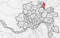 Roselawn (red) within Cincinnati, Ohio