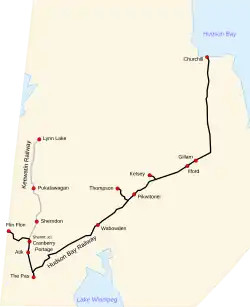 A map of three railways in Northern Manitoba.