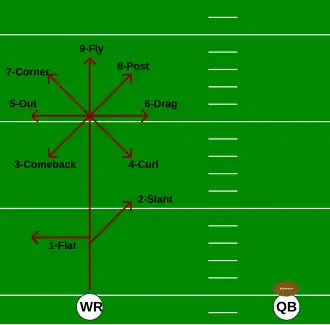 A route tree including the most common routes in American Football.