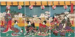 Evening Banquet for Cherry-blossom Viewing at the Rokujô Palace (Rokujô gosho hanami no yûen), by Kunisada (1855)