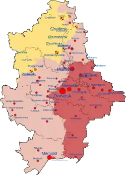 Territory of Ukraine's Donetsk Oblast controlled by Russia as DPR shown in red and pink; territory claimed but not controlled shown in yellow and blue[1]