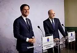 Prime Minister Mark Rutte and Prime Minister of Sweden Fredrik Reinfeldt at a press conference in Stockholm on 5 December 2011.