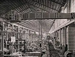 Example of steam powered overhead crane from 1875, produced by Ludwig Stuckenholz AG, Wetter an der Ruhr, Germany. Design developed by Rudolf Bredt from an original installation at Crewe railway works[1]