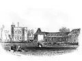 Rye House, 1823 engraving. The long building was a barn and malting-house, then used as a workhouse