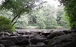 Rock formations of the Baths of Diana with the Sèvre River in the background and the opposite vegetation.