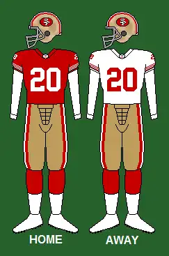 Two illustrations of the uniform of the San Francisco 49ers in 1995 with the number “20” on both