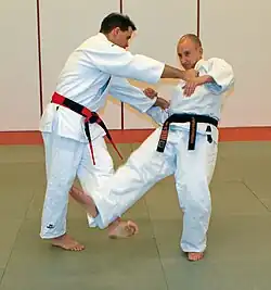 Judoka demonstrating ko soto gari