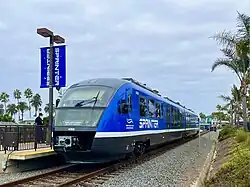 A Sprinter train waits at Oceanside Transit Center
