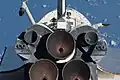 Image of Endeavour's aft section taken during the shuttle's approach prior to docking.