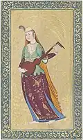 Qajar-era portrait (in Safavid style) of a female musician playing a tar.
