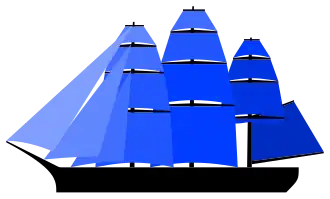 Full-rigged ship (mid-19th century—with one sail furled on mizzenmast)