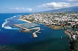 An aerial view of part of Saint-Pierre and its port