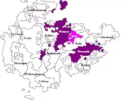 Saxe-Weimar, shown within the other Ernestine duchies and Saxe-Jena, joined to Saxe-Weimar in 1690