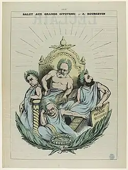 Caricature showing four political men drawn in the manner of Greek or Roman gods, a laurel wreath encircling their heads.