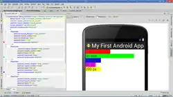 Open visual editor for coding an Android mobile app. It emulates a visual representation of the app on a phone. Black phone with a white screen containing multi-coloured horizontal bars which form a bar chart used to compare all units for measuring screen dimensions, which differ in how they relate to the physical size of the display. The virtual units are a device-dependant pixel (dp) and pixels (px); and physical units which are millimetres (mm) and points (pt). First bar is red and is labeled 1 inch, it's the second longest, half the length of the green bar which is second and is 50 millimetres. The third blue bar which represents 100 device-dependant pixels, is one-third the length of 50 mm and approx. Over half the length of 1 inch. The fourth pink bar is also the shortest and measures 30 points and is half the length of the last bar that follows. Lastly the fifth yellow bar is 200 pixels long and is approx. the same length as the blue 100 device-dependant pixel bar which is one-third 50mm and over half 1 inch.