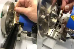 Two images: one shows a glass rod positioned between the DART and the mass spectrometer inlet. The second shows an elastic o-ring positioned in the DART gas stream.