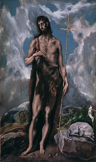 A painting of a tall man with long limbs.