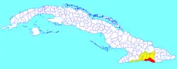 Santiago municipality (red) within Santiago Province (yellow) and Cuba