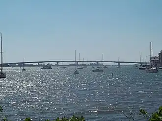 View of John Ringling Causeway in distance, overlooking Sarasota Bay facing northwest from recreational trail along Mound Street (US 41)