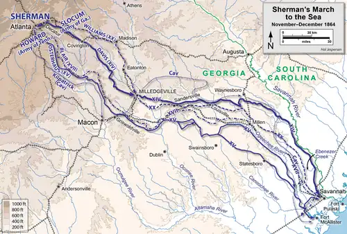 A map indicating the routes from Atlanta to Savannah Sherman's army travelled in the March to the Sea