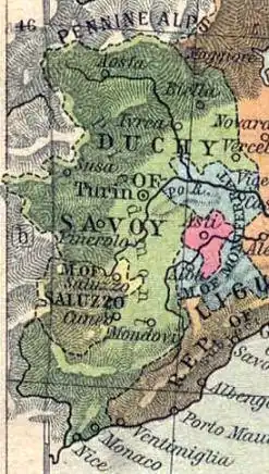 Map of Italy in 1494. Saluzzo is to the Southhwest, in yellow