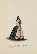 A watercolor painting labeled “Saya y manto del año 1854” of a tapada limeña wearing the traditional attire of Lima: a dark skirt, a white shawl with black trim, and a black veil covering most of her face except for one eye.Saya and Cloak of the Year 1854, watercolor by Pancho Fierro