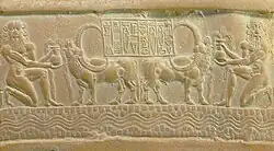 Seal impression with gods and water buffaloes, thought to have been imported from the Indus Valley civilization, an example of Indus-Mesopotamia relations at the time.