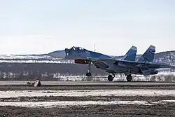 A Northern Fleet Naval Aviation Sukhoi Su-33 fighter taking off from Severomorsk-3, 2017