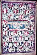 Torah frontispiece made of miniatures, some of which include angels.