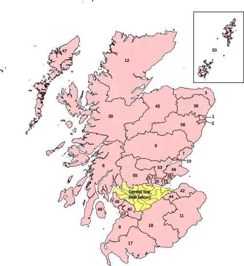 Numbered map of the parliamentary constituencies of Scotland created by the 2023 boundary review and first used at the 2024 UK general election.