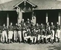 Scotland first rugby team (wearing brown[18]) for the 1st international, v. England in Edinburgh, 1871
