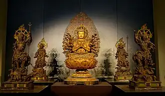 Nanbokuchō period (1336-1392) statues of Senjū Kannon with the Four Heavenly Kings flanking her. Held at the Tokyo National Museum in Tokyo, Japan.