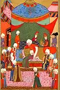 Jafar Pasha saluting dying Özdemiroğlu Osman Paşa, as he receives the robe of Governor of Tabriz. Secaatname
