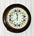 RAF-issue sector clock. Coloured triangles span 5 minute time periods. Outward pointing triangles indicate the model shown to have a mechanical mechanism.