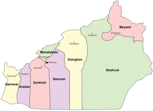 Location of Aradan County in Semnan Province (left, purple)