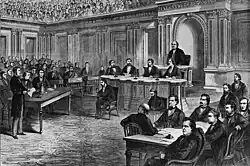 Drawing of group of men in the Senate chamber arranged around the dais
