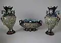 Coloured glazes majolica jardinière and vases, c. 1890
