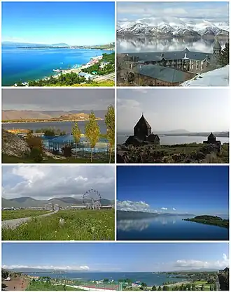 From top left: Sevan landscape • Vaskenian Theological Academy Sevan peninsula • Sevan Monastery Sevan skyline • Lake Sevan Panoramic view of Sevan beach