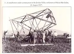 The watchtower being erected at Sha'ar HaGolan, 21 August 1937