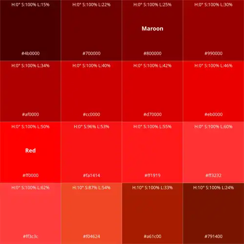 Shades of red labeled with HSL, RGB, and web color names.