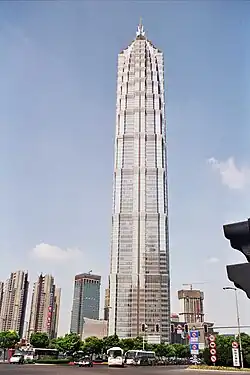 Jin Mao Tower from the Oriental Pearl Tower, with the SWFC under construction in 2005
